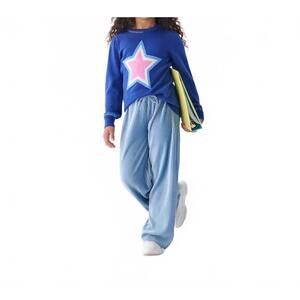 NEW HATLEY girls' pleated velour relaxed pants in cornflower blue
